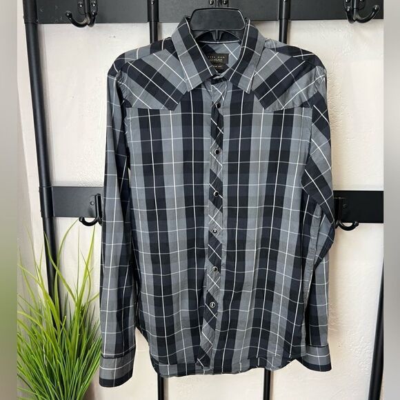 Zara Man plaid button down shirt Navy Grey slim fit size XL - Picture 2 of 16